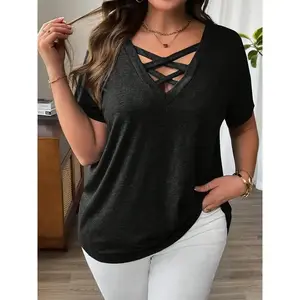 [Solid T-Shirt] Plus Size Solid Color Casual T-Shirt|   Crossover V-Neck And Short Sleeves - Elegant Spandex oversized  tshirt  women