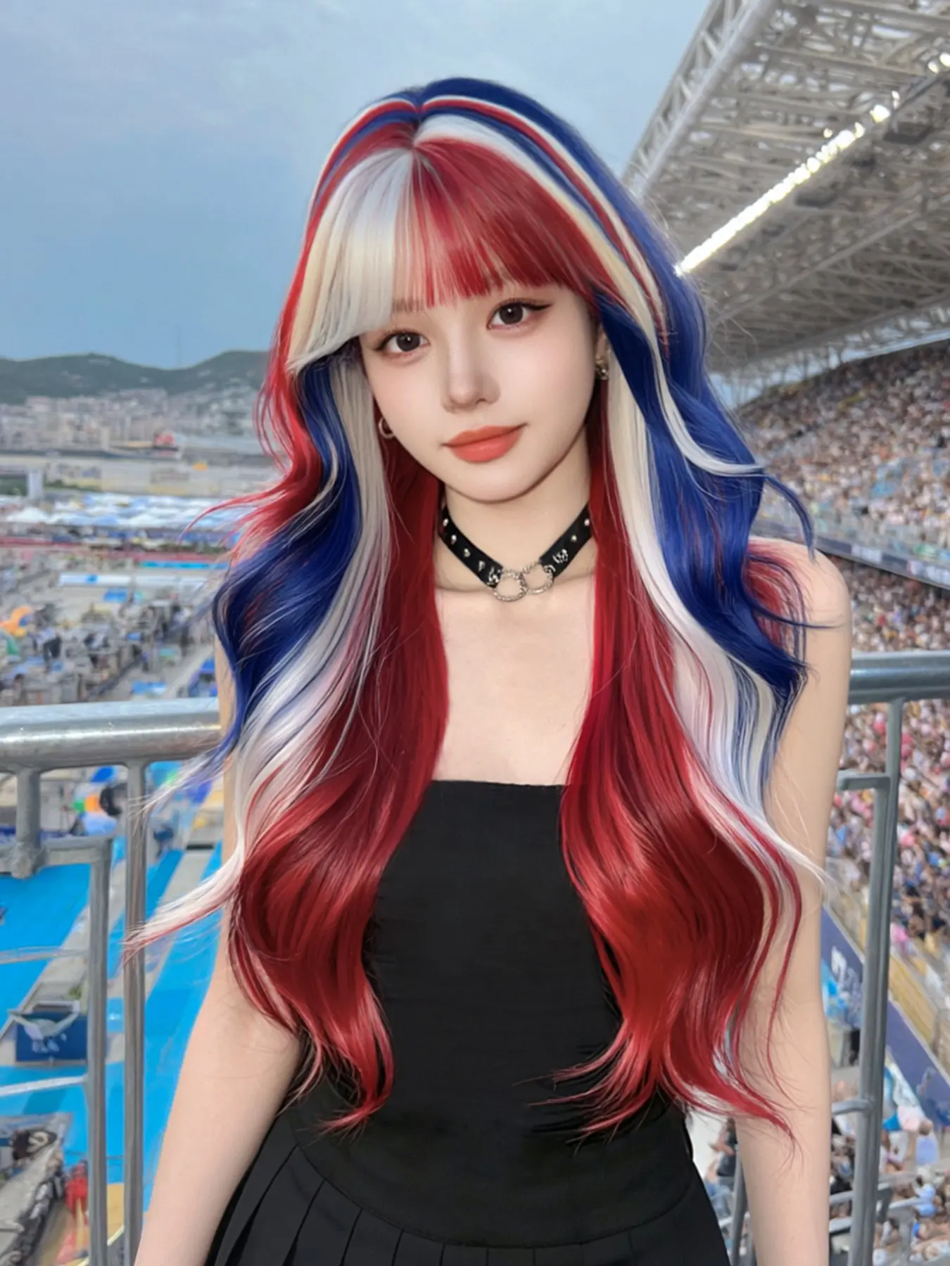 28-Inch Fashion Tricolor Wig, Blue Long Wavy Hairpiece, Synthetic Wavy Hair, Heat-Resistant Fiber, Perfect for Christmas, Halloween, Cosplay, Parties