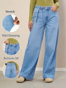 Women's High-Waisted Denim Jeans, Drawstring Elastic Wide Leg Pants, Casual Style, All-Seasons, Loose Fit, Below Knee Length