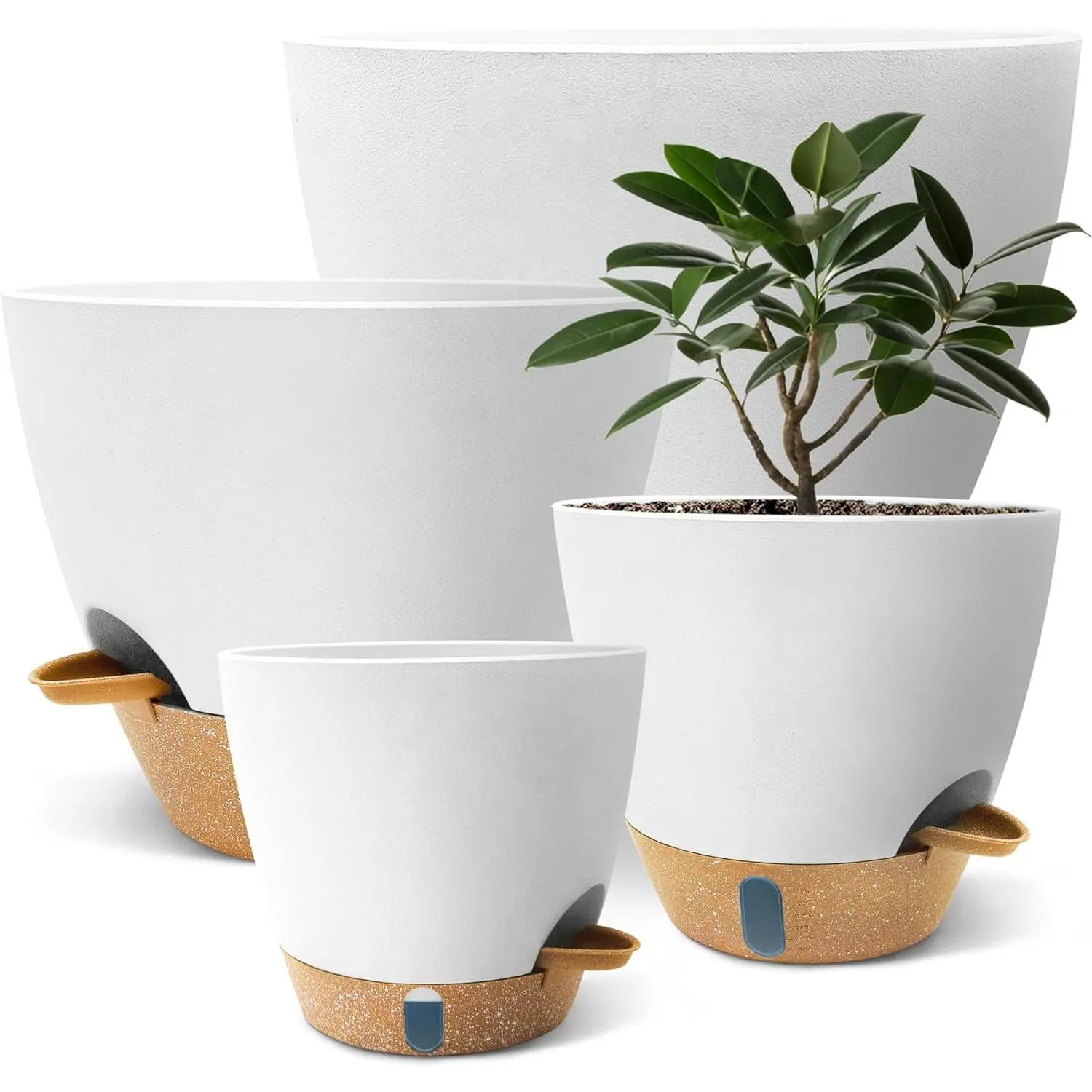 12/10/9/8 inch Self Watering Pots with Visual Water Window,  Self Watering  Pot with Drainage Holes and Saucers, White Flower Pots for Indoor