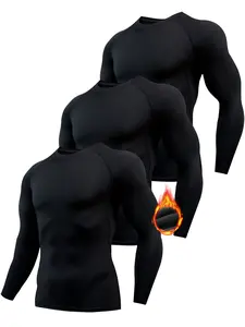 Men's Casual Sports Tops 3-Pack, Boyfriend Style Round Neck Tees, Fall & Winter Warm Tight Fit Gym Wear, Basic Daily Essentials, Activewear T Shirt, Gym Shirts