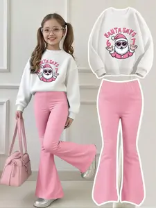 Girls' Casual Fitted Letter Print Sweater Set, & Cartoon Design, Breathable Comfort for All Seasons, Trendy