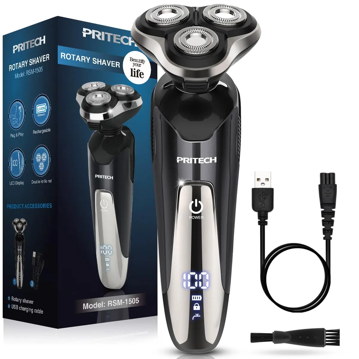 Electric Razor for Men - Rechargeable Electric Shaver for Men, Rechargeable Waterproof Wet Dry Cordless Razor with Nose Hair Trimmer and Sideburns Trimmer