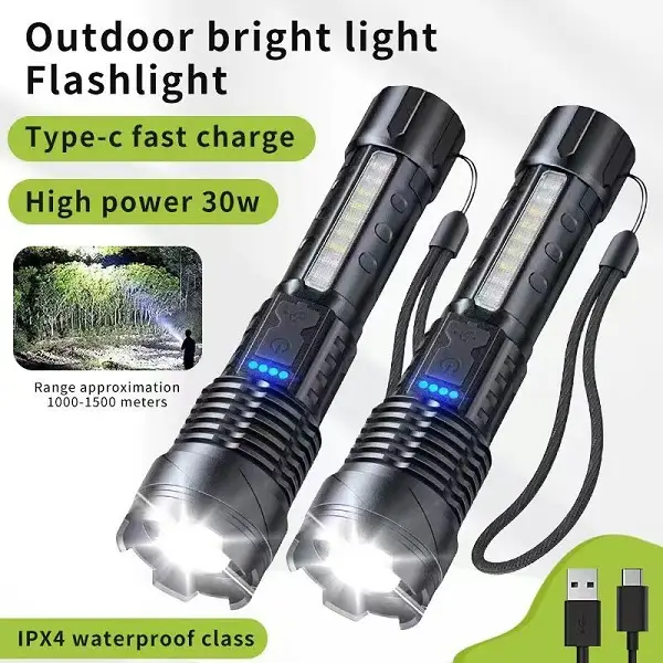Ultra Bright High-power Tactical Light 1pack/2pack Telescopic Type-C Charging Emergency Remote Waterproof Aluminum & ABS Body LED Flashlight