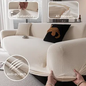 Modern Plain Wide Striped Jacquard Sofa Cover, Pet-Proof Anti-Slip Elastic 3D Pattern, All Seasons Washable Furniture Protector, Elastic Sofa Slipcover
