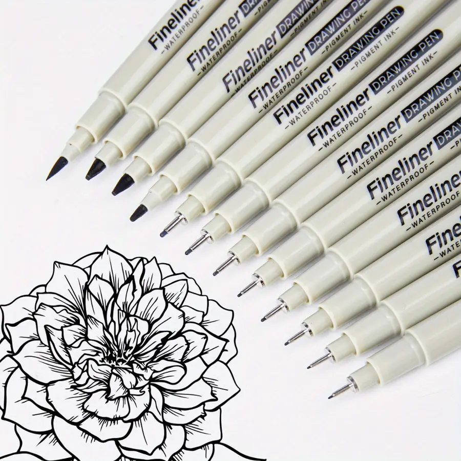 Fineliner Pens, 12 Black Waterproof Drawing Pens | Waterproof Pigment Ink, 12 Assorted Tip Sizes, Precision Fine Lines, Metal-Clad Nibs, Smooth Ink Flow, Smudge Resistant
