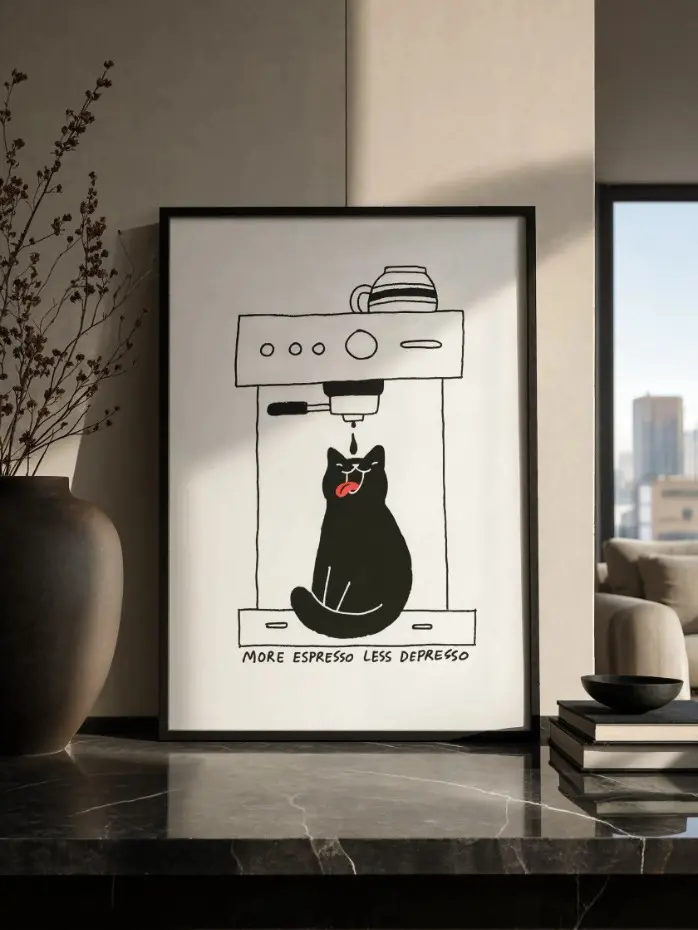 Cute Cat and Coffee Poster Funny Kitchen Wall Art Coffee Lover Gift Print