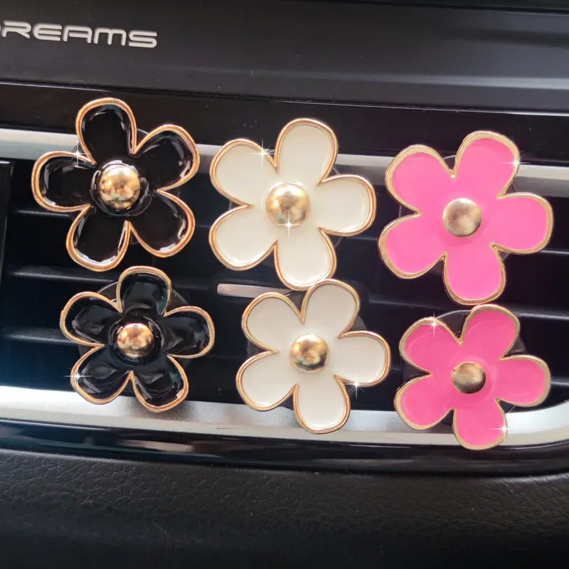 Daisy Car Air Vent Clip Set, Cute Flower Vent Decor, Refillable Scent Pad, Air Conditioning Vent Ornament, Metal Alloy Interior Accessories 4PCS Car Decals Decoration Car Desktop Decor Automotive