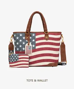 MONTANA WEST 2PCS SET TOTE&WALLET VINTAGE AMERICAN FLAG PURSE