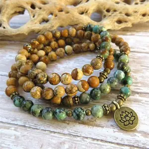 Natural Stone Picture Jasper African Turquoise 108 Mala Beaded Unisex Bracelet Healing Spiritual Protection stretchy Bracelet