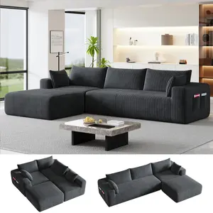 Domiqut  Cloud Couch Modular Sectional Sofa for Living Room,L Shaped Boneless Couch with Deep Seat Chaise,No Assembly Required Foam Sleeper Sofa for Apartments,Plush Corduroy Fabric, Dark Gray
