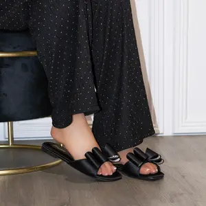 Fronti - Satin Bow Flat Slides with Rhinestones Inside the Bow Open Toe Summer Plain Walking Shoes for Casual Wear - Footwear