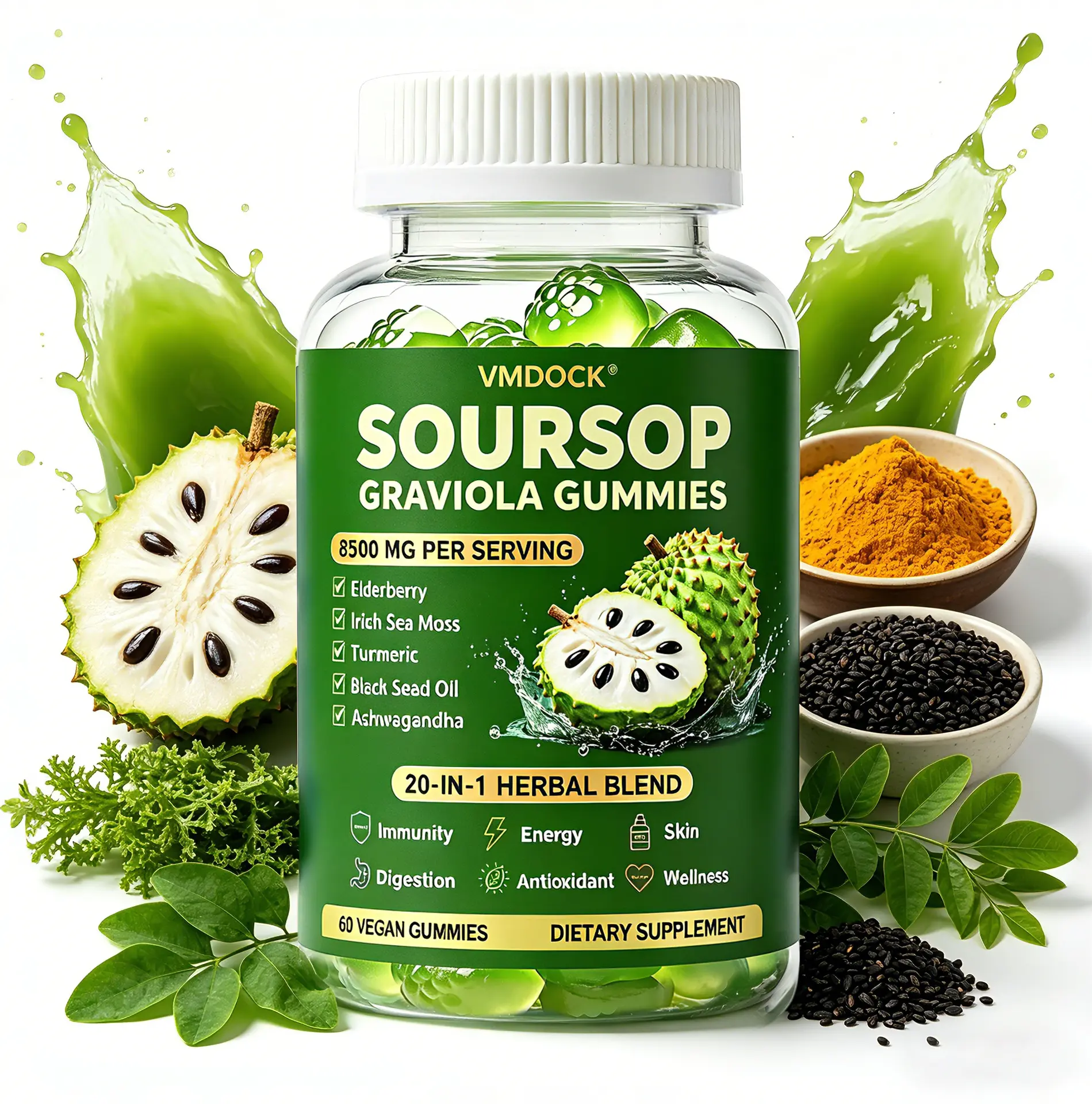 Soursop Gummies 20-in-1 Herbal Complex | Sea Moss, Moringa, Turmeric, Black Seed Oil, Oregano & Ashwagandha | Immune Support & Daily Wellness | Vegan, Non-GMO | 60 Capsules,summerwins