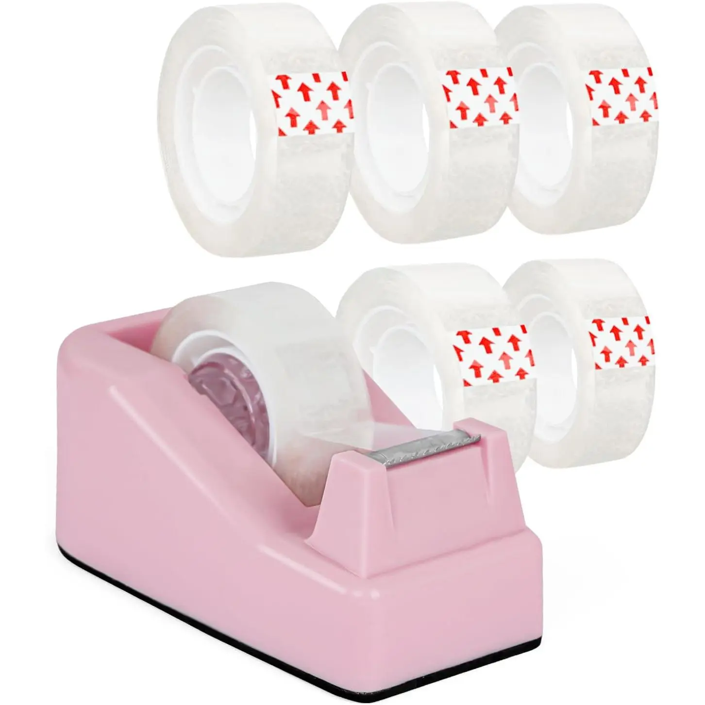 Desktop Tape Dispenser Pink with Weighted Nonskid Base - Includes 6 Rolls of Transparent Tape (0.71 Inch x 1000 inches Each), Tape Set, Adhesive Tape