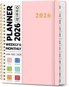 2026-Pink-A5 A5 (6.4"x8.5") Hardcover Spiral Bound Planner, Jan-Dec 2026 Weekly-Monthly Calendar with Tabs & Notes Pages, Notebook Planner for Students & Teachers, Office Stationery Organiser, Student Planner