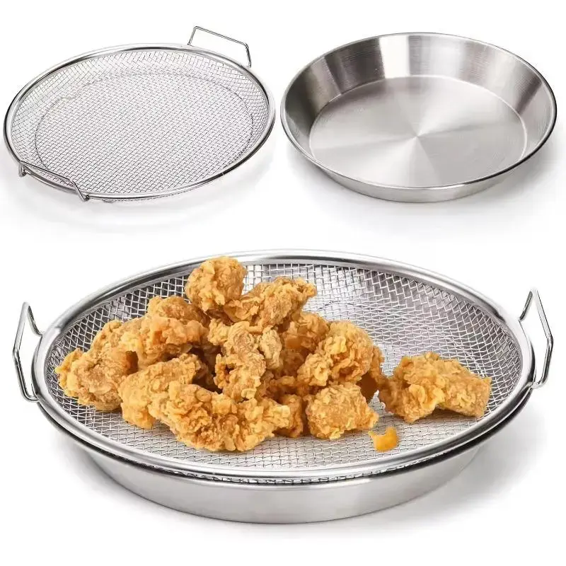Stainless Steel Heavy-Duty Frying and Oil-Draining Rack with Tray - Foldable Round MetalMesh Basket with Oil-Draining Plate, Resistantto Frying, Suitable for Washing Vegetables,and Compatible with Dishwashers (Works withMultiple Models)