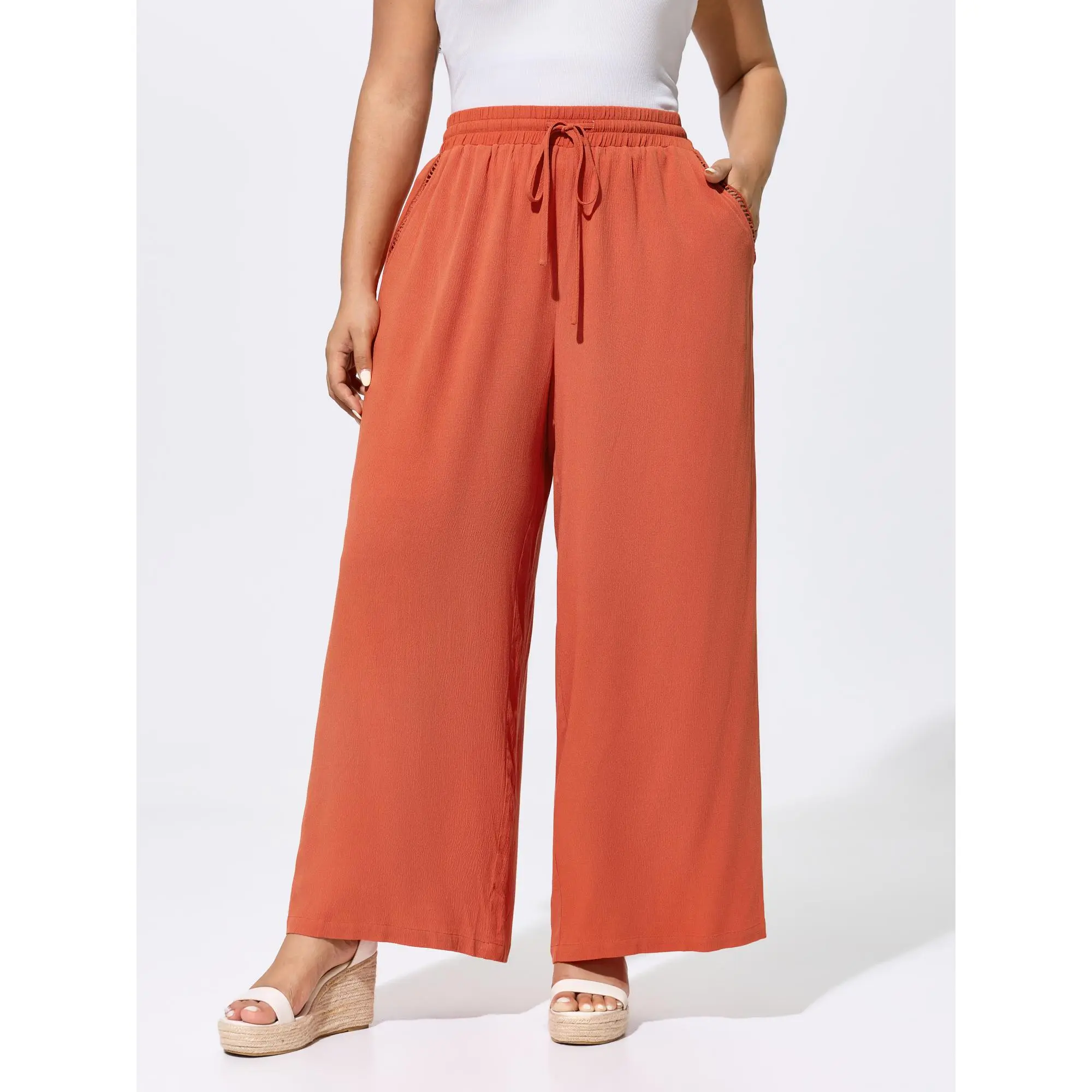 BloomChic Women's Plus Size Boho Rayon Pants, Casual Solid Mid Rise Straight-Leg Bottoms with Drawstring Waist and Pockets, Bottom, Smooth, Garment, Boho Vibe, Fabric, Straight-Leg Pants, Plus Size Basics, Side Pockets, Bohemian Pants