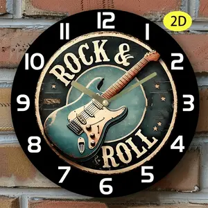 1 Vintage Rock Guitar Wall Clock - Retro music decoration, electric guitar design, golden tone, round wall clock, suitable for home, kitchen, living room - The ideal Valentine's Day gift for music lovers, music wall clock, kitchen decoration