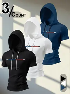 Men's Hooded Short Sleeve T-Shirt, Summer Fashion Streetwear, Cool and Tough Design, American Style Hard Guy Clothing