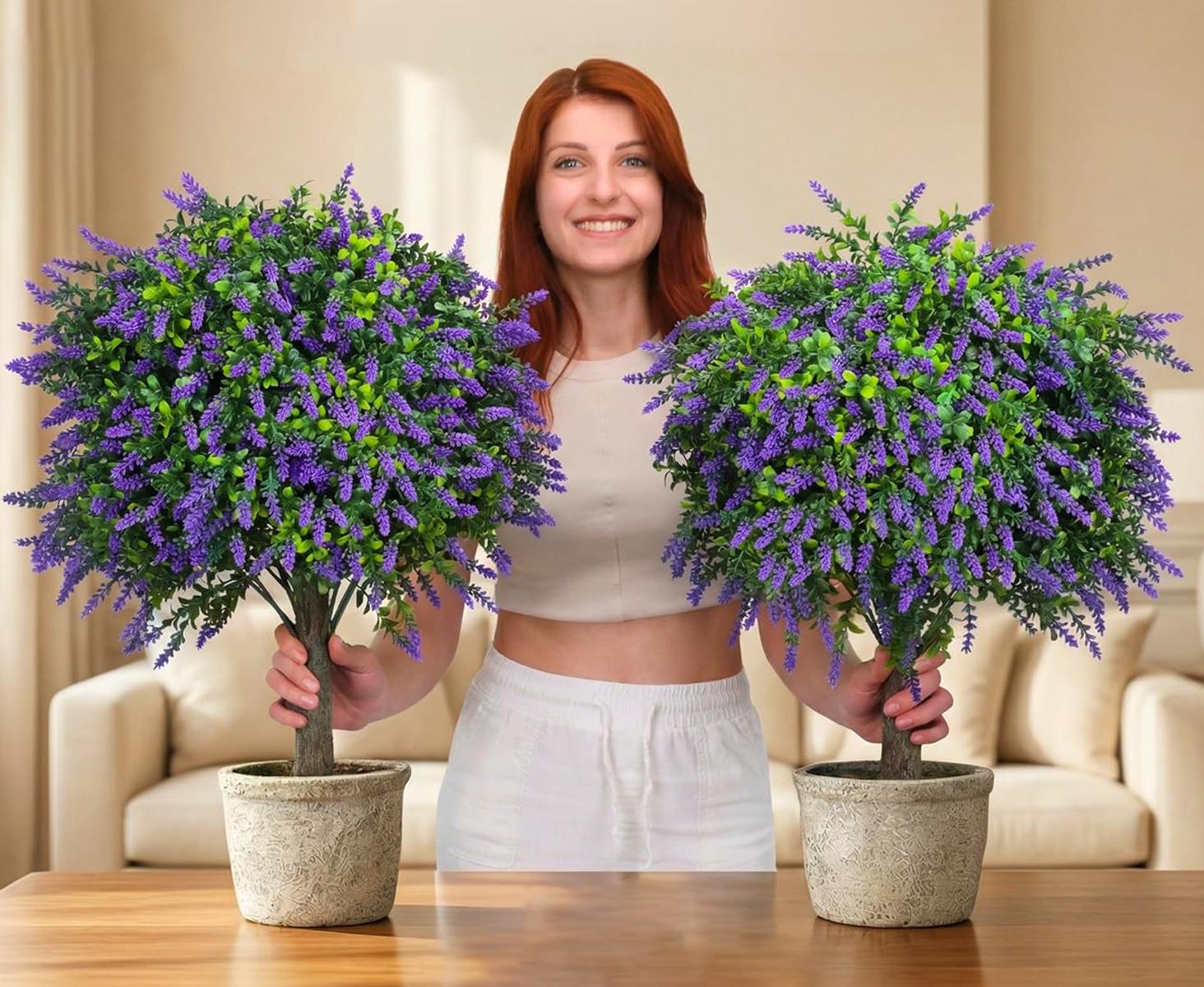 Artificial Boxwood Topiary Balls with Lavender – 24" Set of 2 Faux Shrub Bushes UV Resistant Faux Outdoor Plants for Indoor Porch Front Door, Evergreen Trees Faux Plant with Ground Spike, Mother's Day Gifts