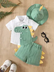 Baby Boys Three-Piece Set Dinosaur Short Sleeve Shirt + Shorts + Sun Hat, Cute Summer, Soft Breathable Fabric