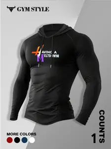 Men's GYM Compression Hoodie, Having A Meltdown Colorful Lightning Graphic Long Sleeve Top, GYM STYLE Fitness Workout T-Shirt with Hood, Multiple Colors for Bodybuilding & Daily Wear