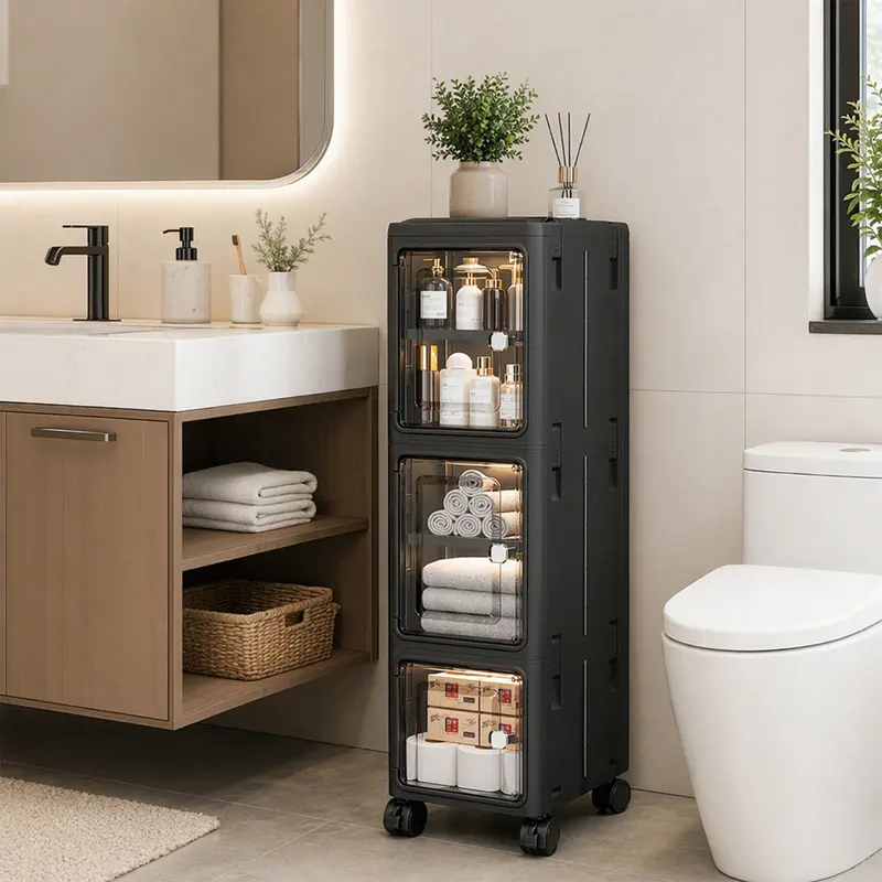 White Freestanding PP Plastic Home Storage Cabinet - 5-Tier Slim Narrow Freestanding Storage Cupboard with 360° Swivel Casters, Adjustable Shelves, Flat Fold, Lockable Dustproof Design, Generous Capacity, Quick Tool-Free Assembly for Kitchen, Bathroom