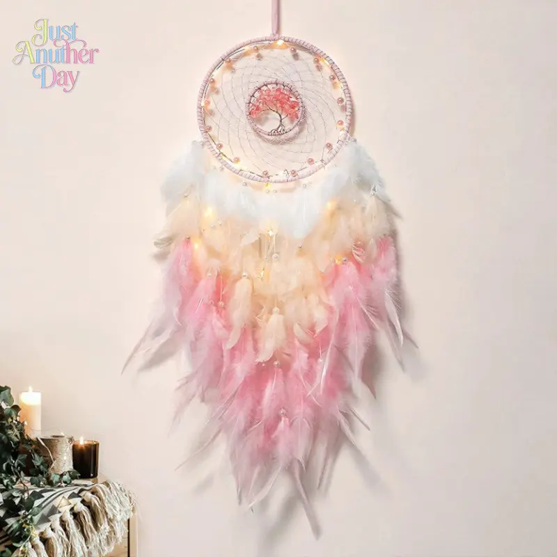 Boho Pink Feather Dream Catcher Wall Hanging, Tree of Life Design, Handmade Aesthetic Room Decor, Ideal Gift for Birthday, Graduation & Festival for Girls