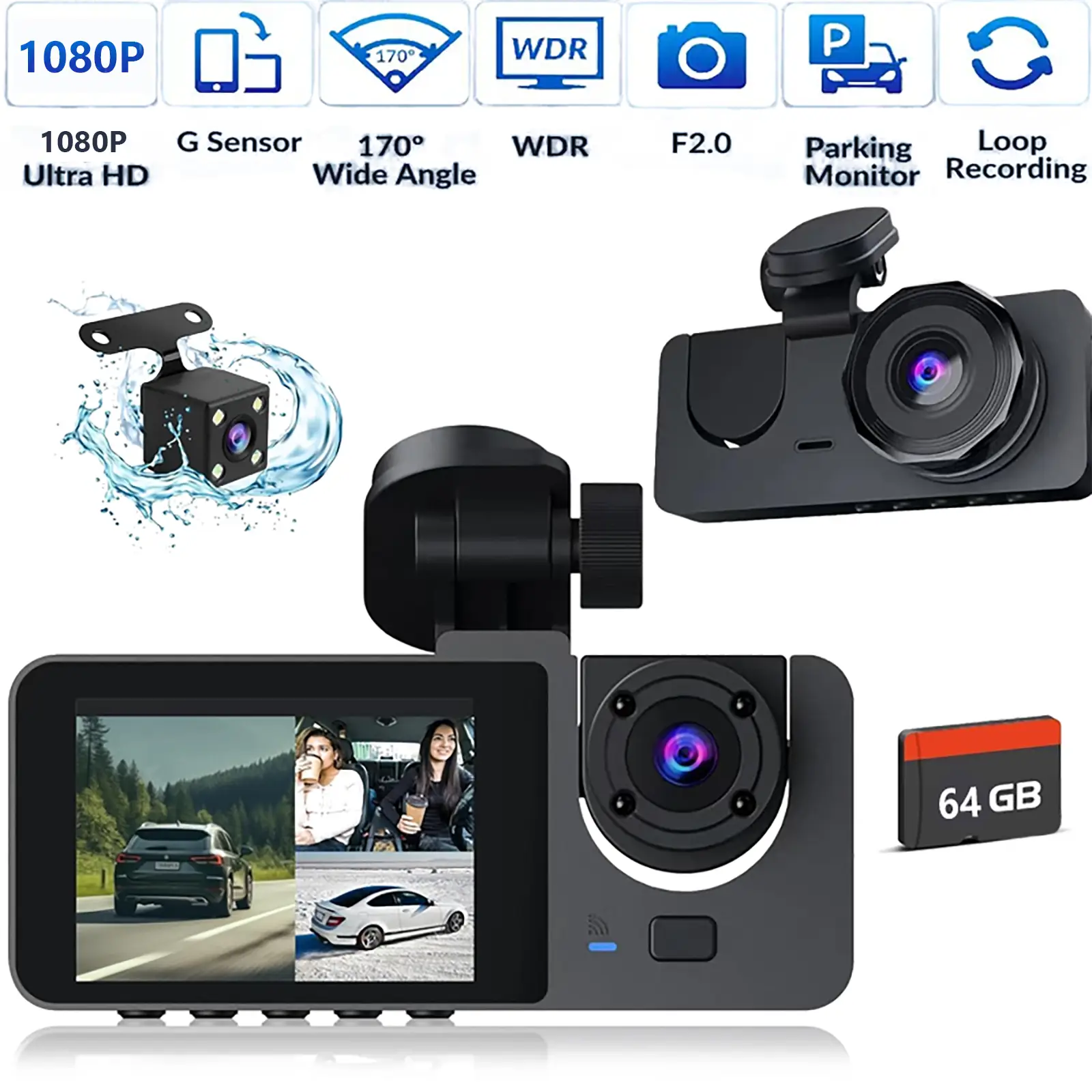 1080P Full UHD Car Camera Front Rear with Free 64GB SD Card,HDR,Dashcam for Cars,Night Vision,Loop Recording,WDR,24H Parking Mode,Driving Recorder