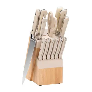 14pcs Kitchen Knife Collection with a Block, Made from High Carbon Stainless Steel, Designed for Professional Chefs, Safe for Dishwashers, Featuring an Anti-Slip Ergonomic Handle, in Cream Color