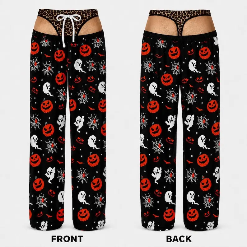 Personalized Halloween Lounge Bottoms for Men, Novelty Underwear Pattern Pajama Pants, Funny Spooky Sleepwear, Unique Gag Gift for Him