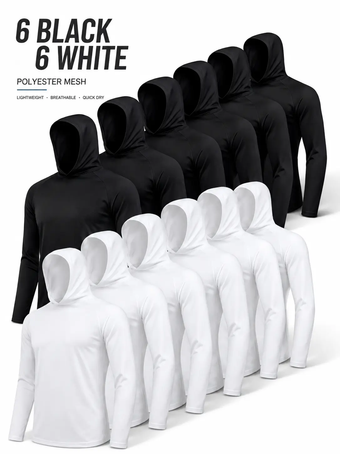 Men's Minimalist Hooded Cap T-Shirts - 6 Black + 6 White, Lightweight Honeycomb Polyester Mesh Long Sleeve, Sun-Protective Breathable Quick Dry Shirts for Construction Workers, Outdoor Work, S-3XL, Fabric, Menswear
