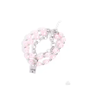 LOVE-Locked Legacy - Pink Pearl Silver Lock Heart Bracelet - Paparazzi