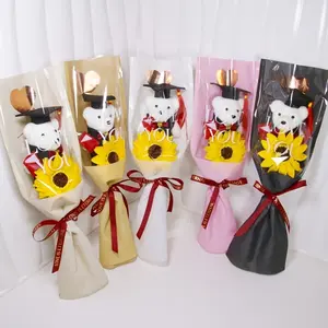 Graduation Bouquet Gift – Bear in Graduation Cap with Realistic Sunflowers, Gold Heart Wrapping Paper, Perfect for Friends, Classmates, Girlfriend, Graduation Season Parties
