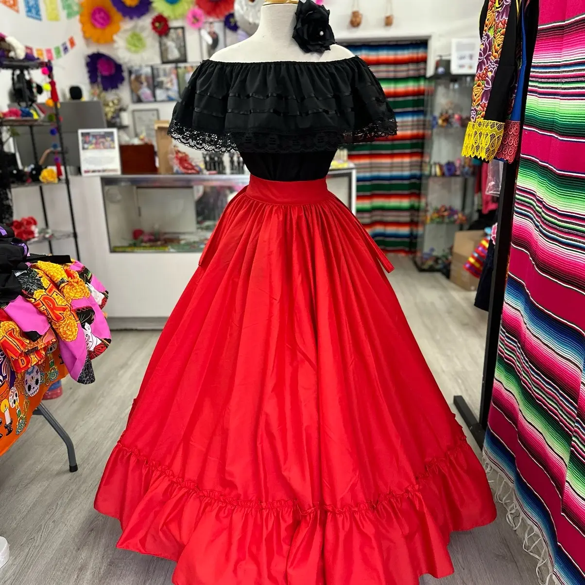 2 piece set Folklore Mexican Solid  skirt and blouse