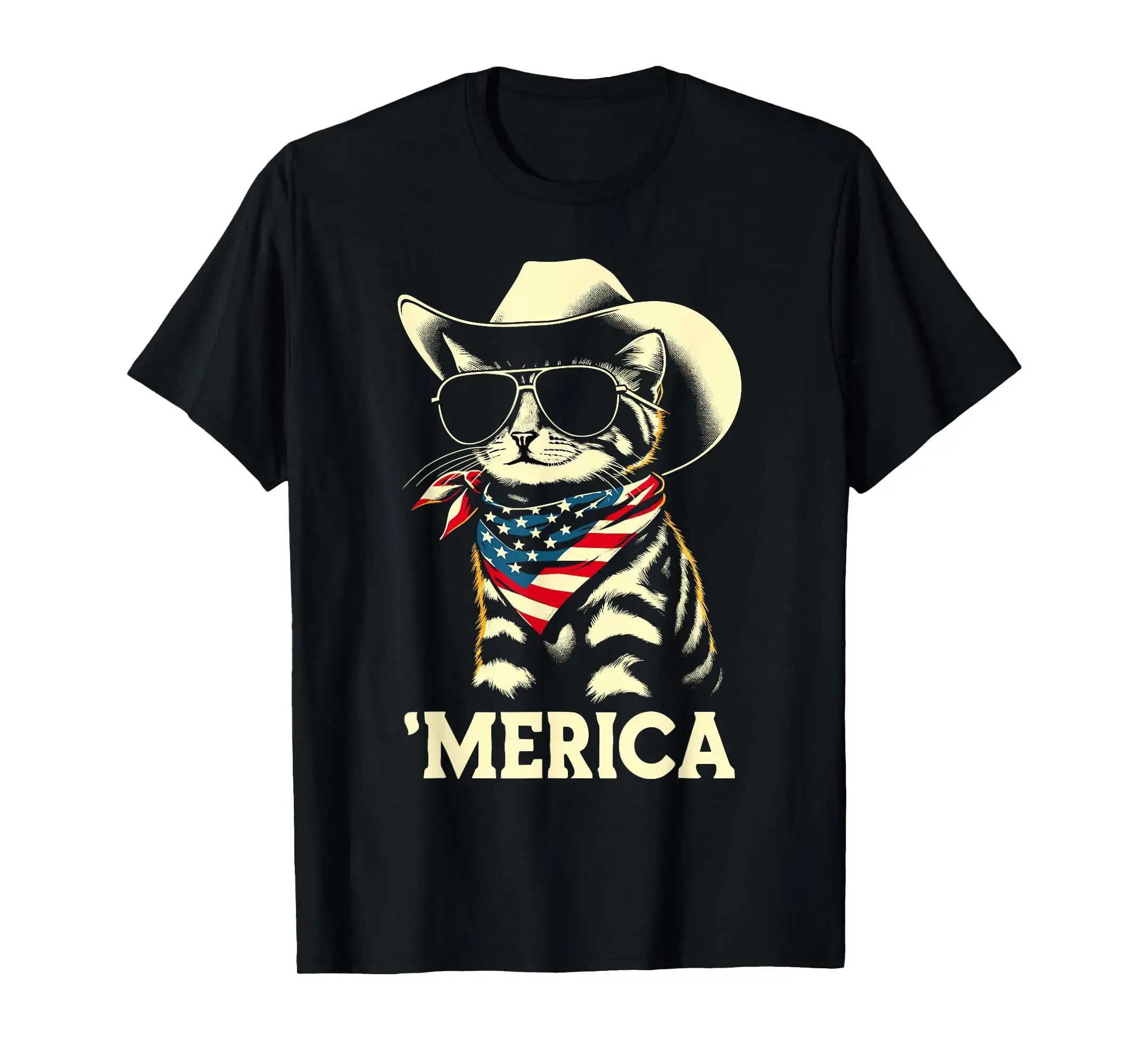 Men's 4th of July Patriotic Graphic T-Shirt - Short Sleeve Tops, Flag Print, Multi-Size, Funny USA 'Merica Cat Design for Independence Day, Custom Fit, Loose, Us Pride / Nation Pride, Print-On-Demand, Contact Us Immediately, Shortsleeve, Menswear