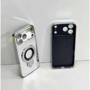 Electroplated Mirror Magnetic Kickstand Phone Case, Luxury Silver Metal Texture Full Lens Shockproof Cover Compatible For iPhone 11 12 13 14 15 16 17 Promax/Plus/E/Pro/Plus #USUSDDJMZJXYKSILVER