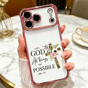 Christian Phone Case, With God All Things Are Possible Matthew 19:26 Cross Floral Design, Slim Shockproof Electroplated Corner Protective Phone Case for iPhone 17 16 15 14 13 12 11 Pro Max Plus