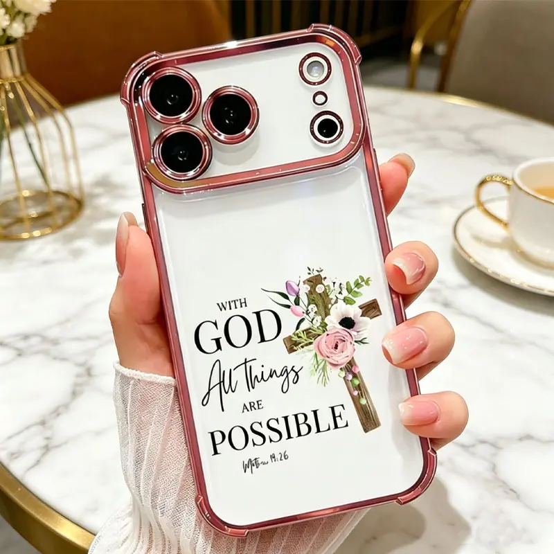 Christian TPU Protective Phone Case, Matthew 19:26 "With God All Things Are Possible" Cross Floral Design, Shiny Electroplated Corners, Slim Shockproof Casing for iPhone 17-12, 11 Pro Max Plus Mobile Accessories