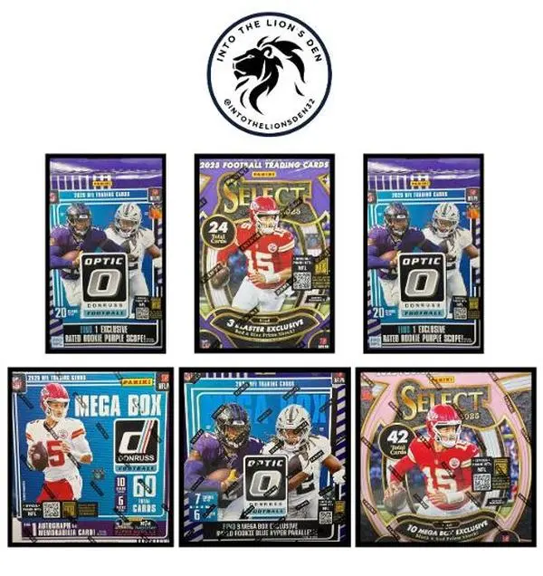 NFL PYT Break 92, 1x 2025 Optic Mega, !x 2025 Donruss Mega, 1x 2025 Select Mega, 1x 2025 Select Blaster, 2x 2025 Optic Hangers