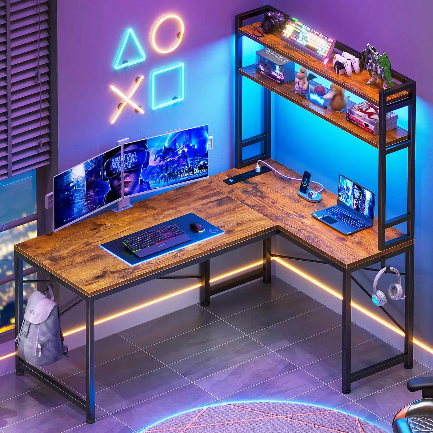 SEDETA L Shaped Desk with Hutch, 45.3” Reversible Home Office Desk, L Shaped Gaming Desk with LED Lights, Power Outlet Modern Design Interior Wood
