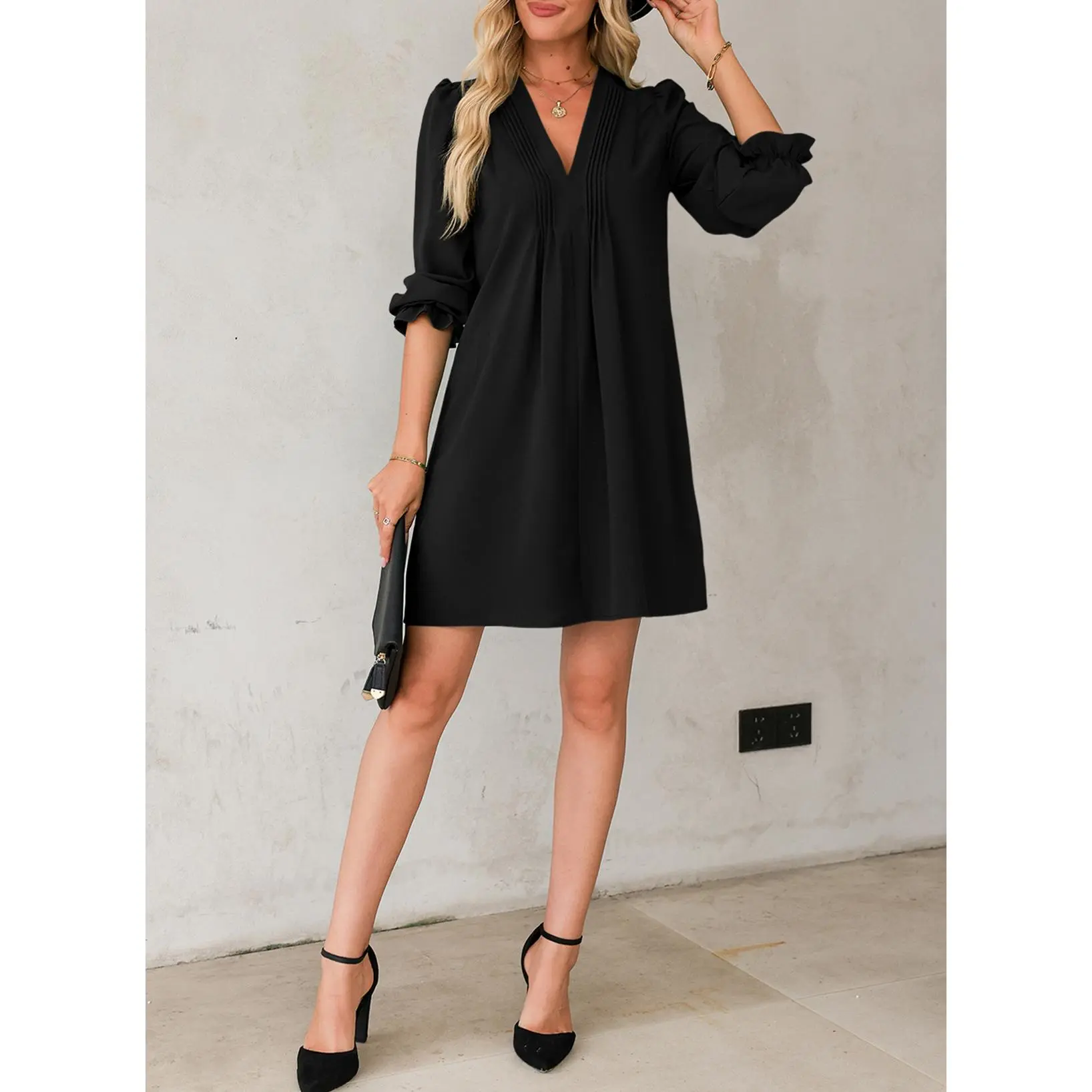 SHIBEVER Women Dresses Long Sleeve V Neck Shirt Dress Fashion Flare Cuff Solid Color Navyblue Mini Dress For Women Size L SHIBEVER Women Dresses Long Sleeve V Neck Shirt Dress Fashion Flare Cuff Solid Color Navyblue Mini Dress For Women Size L