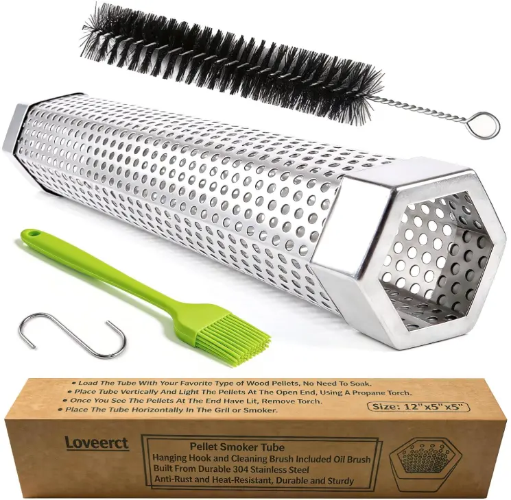Smoke Tube for Pellet Smoker 12" - 5 Hours of Billowing Smoke - Hot/Cold Smoking - for Any Grill & Smoker - Premium Stainless Steel BBQ Smoking Tube, Includes Bonus Cleaning, Basting Brush & S-Hook