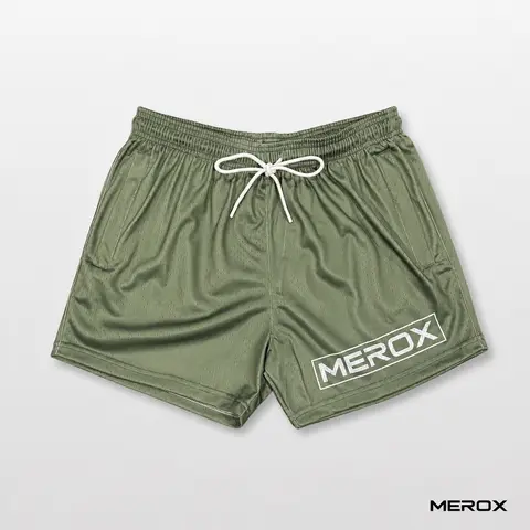 MEROX Unisex 5-in Quick Dry Mesh Shorts, Olive Green Athletic Shorts with Zipper Pockets for Cardio Training, Running
