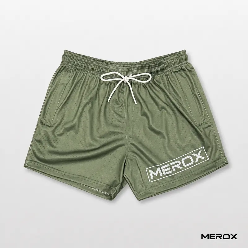 MEROX Unisex 5-in Quick Dry Mesh Shorts, Olive Green Athletic Shorts with Zipper Pockets for Cardio Training, Running