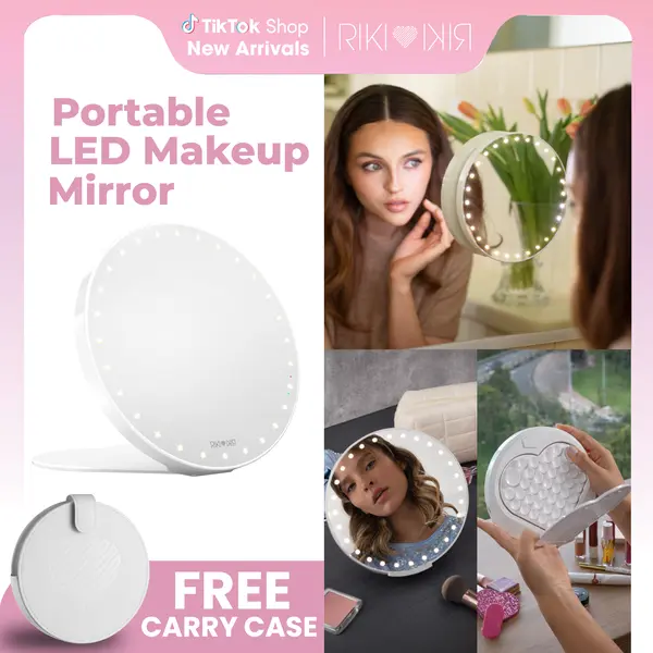 RIKI SUNNY Portable LED Makeup Mirror with Carry Case Ultra-Slim Lightweight Adjustable Brightness Crystal-Clear Reflection Perfect for Home Travel On-The-Go Touch-Ups