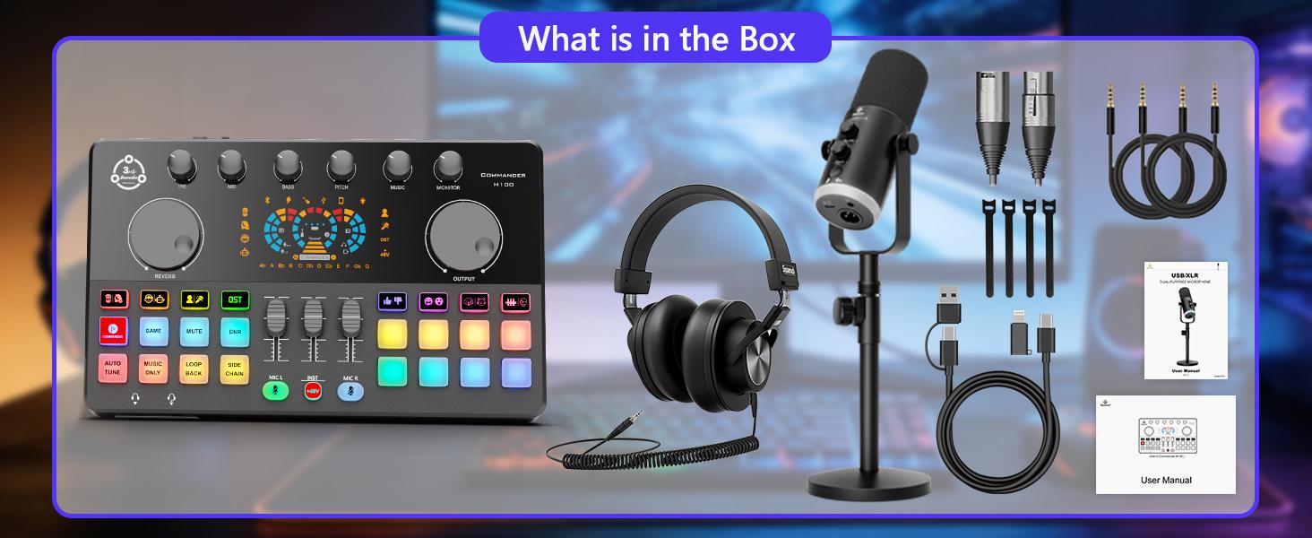 Squarock M100 Complete Set Podcast Equipment Bundle, RGB Audio Interface Mixer with Dynamic XLR/USB Microphone, Desktop Stand, Noise Reduction, Voice Changer, for Vocal Recording, Podcasting, Streaming, Gaming Squarock M100 Complete Set Podcast Equipment Bundle, RGB Audio Interface Mixer with Dynamic XLR/USB Microphone, Desktop Stand, Noise Reduction, Voice Changer, for Vocal Recording, Podcasting, Streaming, Gaming