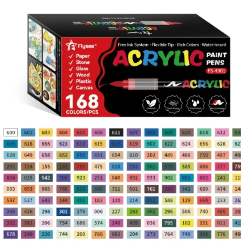 Flysea 72/120/168/240 Color Acrylic Paint Markers Set, Acrylic Paint Pens, Soft Brush Tips, Ideal for Wood, Rock, Glass, Canvas, Fabric, Metal, Ceramic, Art Supplies