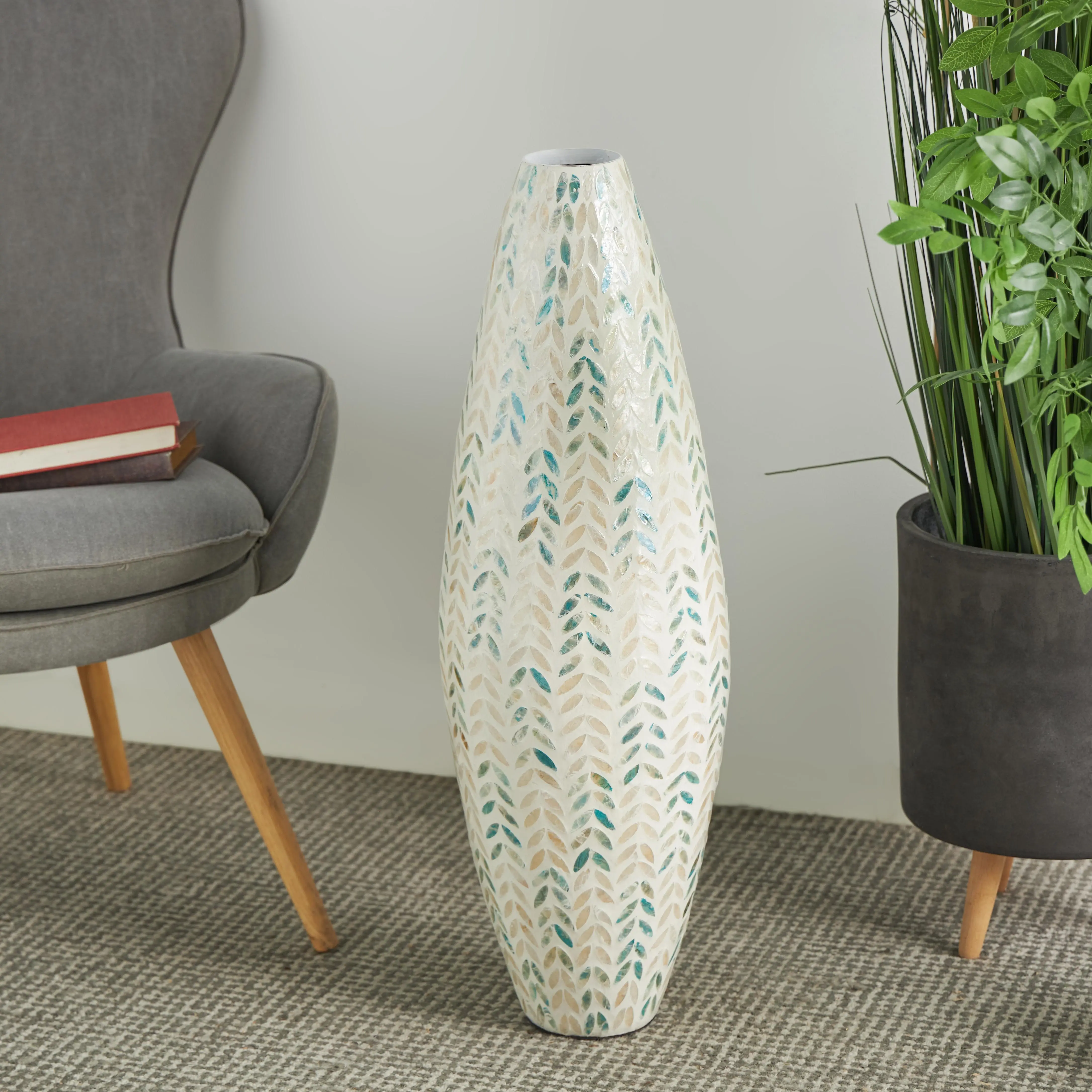 Handmade Cream Mother of Pearl Shell Leaf Tall Mosaic Decorative Vase with Blue Accents - Room Centerpiece, 10"x10"x33"