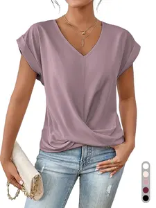 2026 Spring Summer Women's V Neck Twist Front Blouse, Rolled Short Sleeve Loose Fit Tunic Top, Casual Solid Color Knotted Hem Shirt for Office & Daily